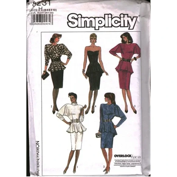 Vintage Simplicity 8231 Sewing Pattern 1980s Dresses Straight Skirt Size 6-8-10