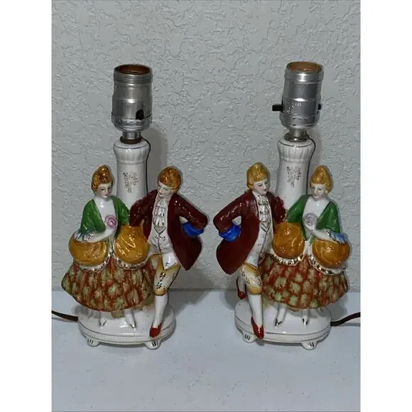 VTG Set Of‎ 2 Made In Occupied Japan Porcelain Lamps Figurines Couples Work READ