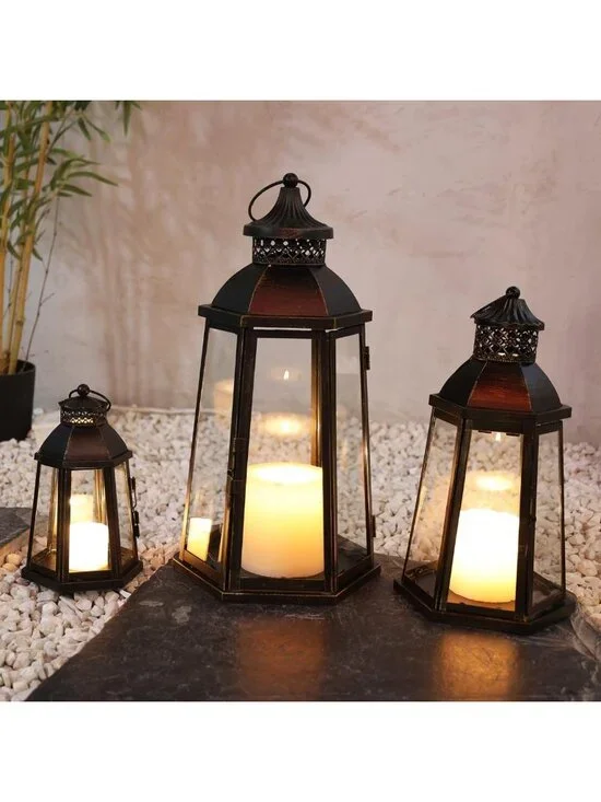 Set of 3 Vintage Lanterns - Metal Frame Candle Holders for Indoor & Outdoor