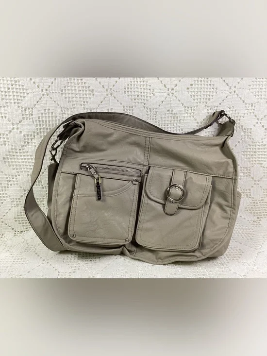 Rosetti Neutral Gray Crossbody Shoulder Bag with Front Pockets