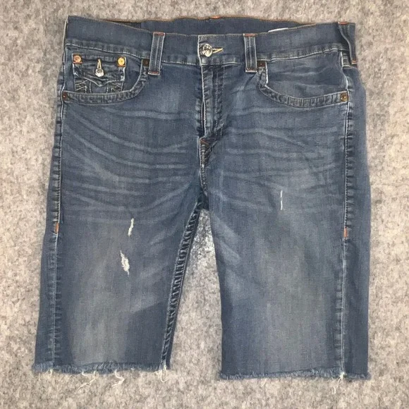 True Religion Men's Straight Cut Off Denim Shorts Blue Medium Wash Size 38