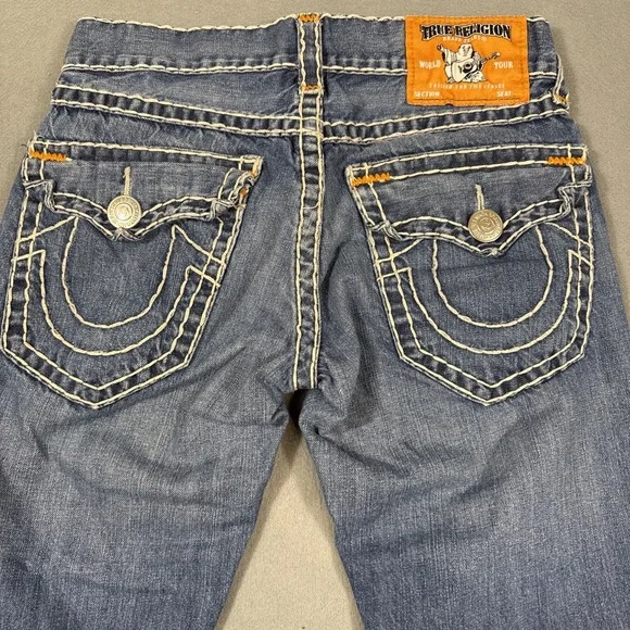 TRUE RELIGION 29 X30 STRAIGHT FLAP SUPER-T ORANGE BACK LOGO PATCH WHISKERING