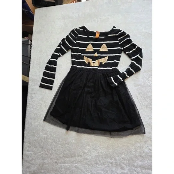 389 Girls L 10/12 Black Gold Jack O Lantern Halloween Dress Costume