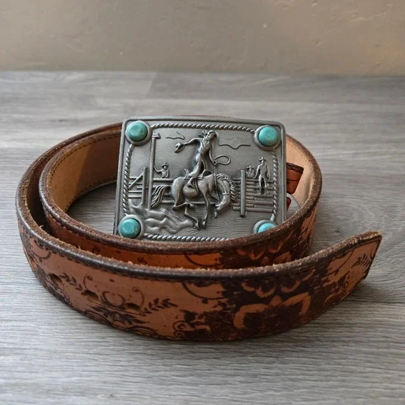 Sissie & Me Brown Leather Belt 32 Western Rodeo Turquoise Buckle Ursula Lewis
