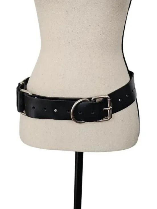 Black Leather Waist Belt with Silver Hardware - Women Accessories
