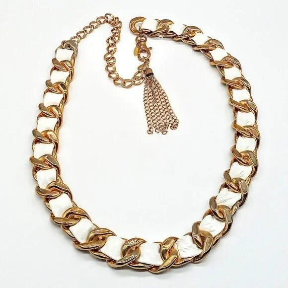 Vintage Tasha Gold Finish Chain Link White Faux Leather Braided Belt
