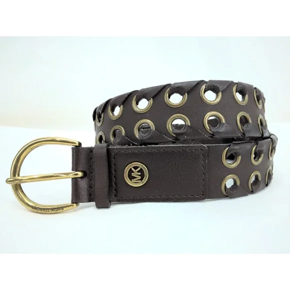 Michael Kors Women's Brown Leather Grommet Brass Belt 36