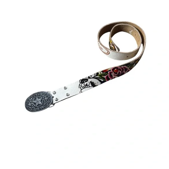 Vintage Ed Hardy White‎ Leather Belt With Star Buckle Size 34