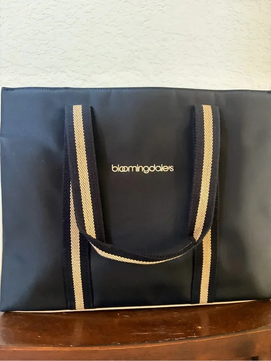 Bloomingdale's Navy Messenger Bag with Tan Stripe Handles