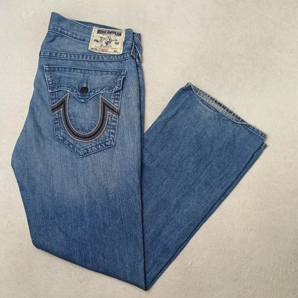 True Religion Jeans Men 38x34 Blue Straight Light Wash Billy Super T Embroidered