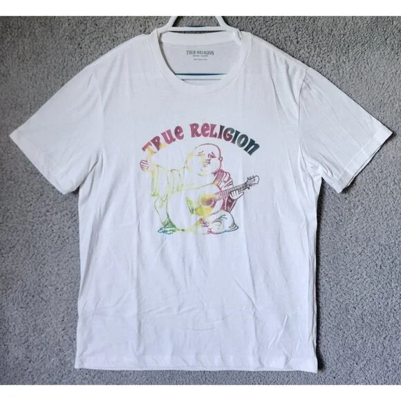 True Religion‎ White Tie Dye Print Rainbow Buddha Logo Tee T Shirt Size Large