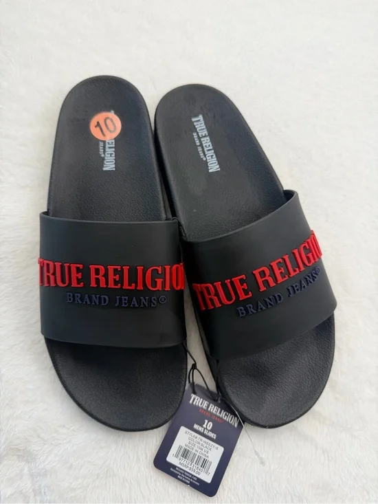 True Religion Black Slides with Red Raised Logo