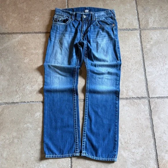 True Religion Straight Flap Jeans Mens 33 Blue Natural Big T Contrast Stitch