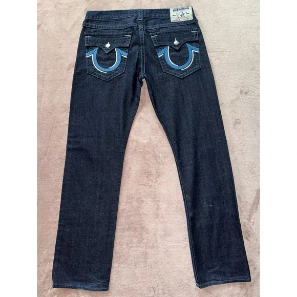 True Religion Mens Straight Blue Denim Jeans Dark Wash Slim Fit Size 36‎