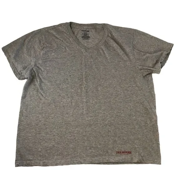 True Religion Mens Heather Gray V-Neck Short Sleeve T-Shirt Red Logo Size Large