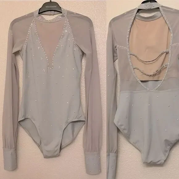 Weissman solo custom Dance costume gray Long Poet Sleeve Leotard MT11817 SA