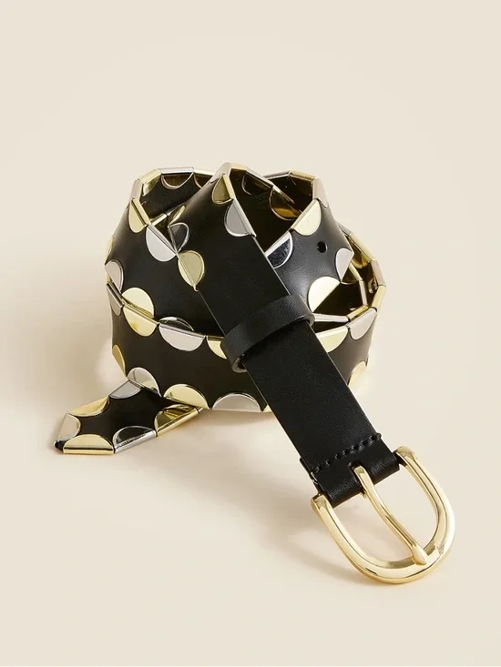 J. Crew Classic Metallic tipped Belt Leather Black Gold Small NWT Scallop Shiny