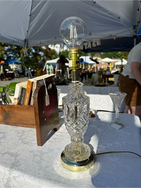 Vintage Cut-Glass/Crystal Table Lamp with Brass Accent - Clear