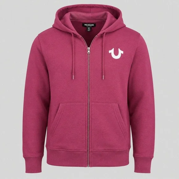 True‎ Religion Mens Horseshoe Logo Zip Up Hoodie Burgundy Large Regular Fit