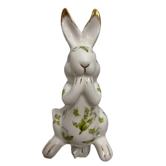 Porcelain‎ Bunny Night Light Green Floral Lily Flowers Gold Accents Nightlight