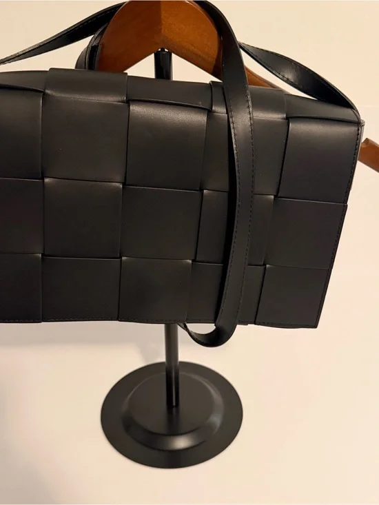 Black Woven Leather Messenger Bag for Men
