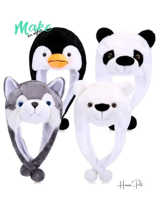 Plush Animal Winter Hats Set of 4 with Ear Flap Straps One Size