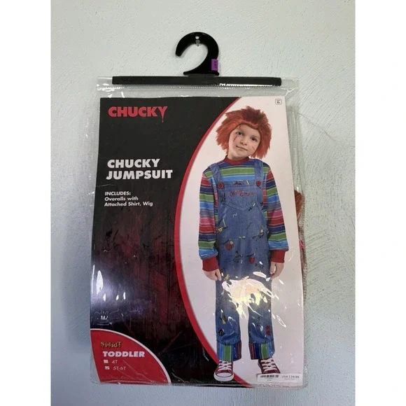 Chucky jumpsuit costume Spirit Halloween 5-6 striped shirt blue overalls red wig