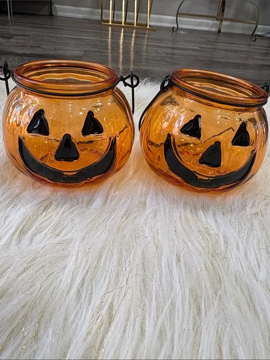 Orange Glass Jack-O'-Lantern Candle Holders - Set of 2