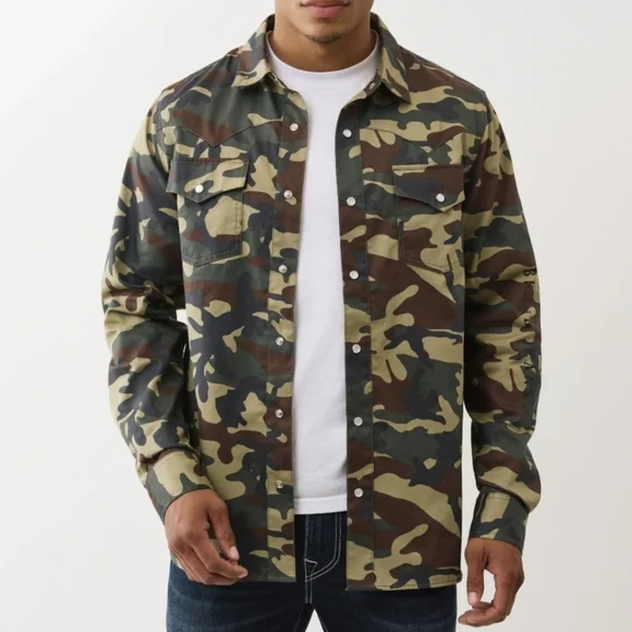 True Religion Mens Size M Western Camo Pearl Snap Long Sleeve Shirt MSRP $89 NWT