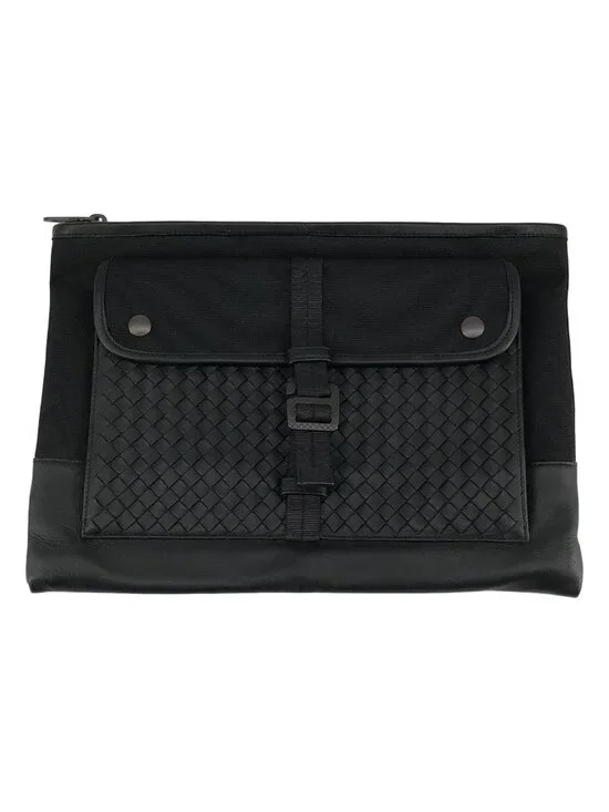 Bottega Veneta Intrecciato Leather Canvas Paneled Clutch Black