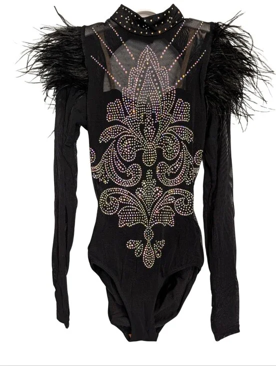 Revolution Rhinestone Mesh Feathered Dance Leotard