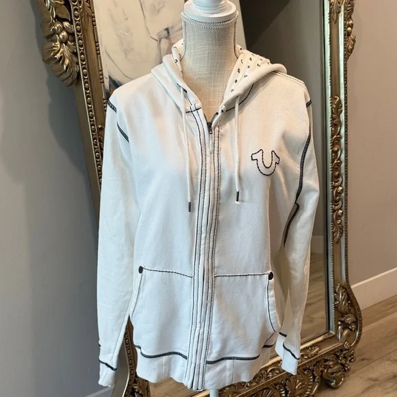 True Religion White Zip-Up Hoodie with Black Contrast Stitching