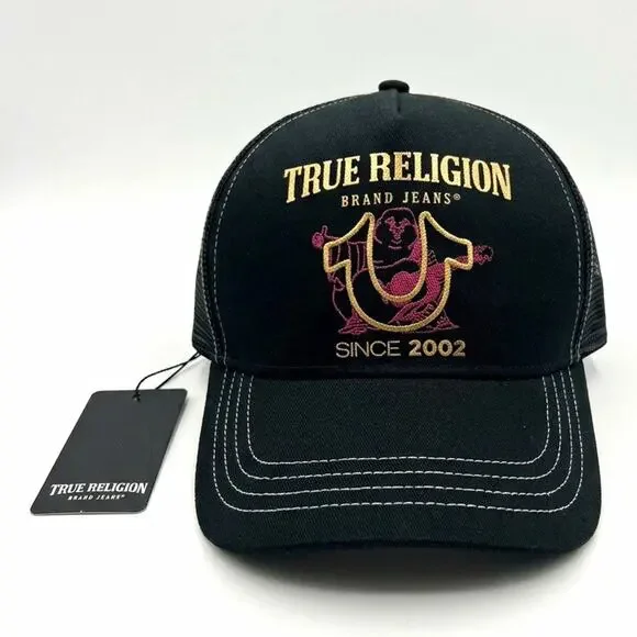 True Religion Black Buddha Foil Logo Trucker Hat Adjustable One Size Men's