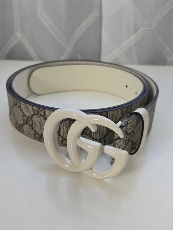 Gucci Beige GG Monogram Canvas Belt with White Double G Buckle