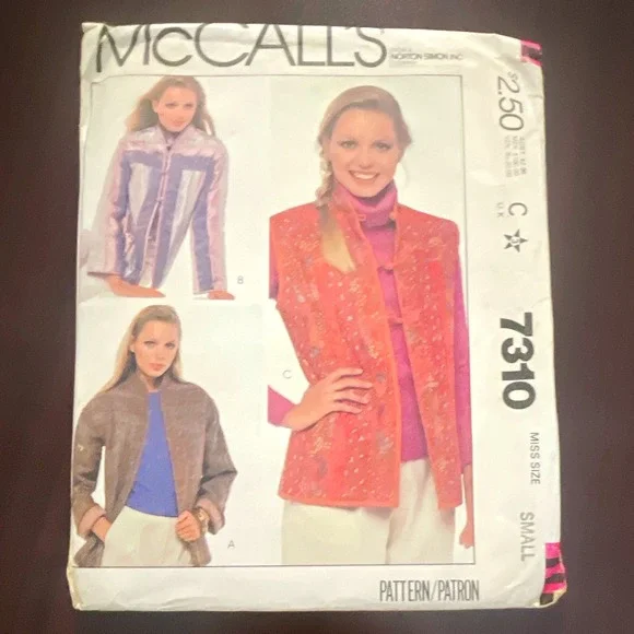 McCall’s 7310 Women’s Misses’ Jacket or Vest‎ Sportswear Sewing Pattern Sz S