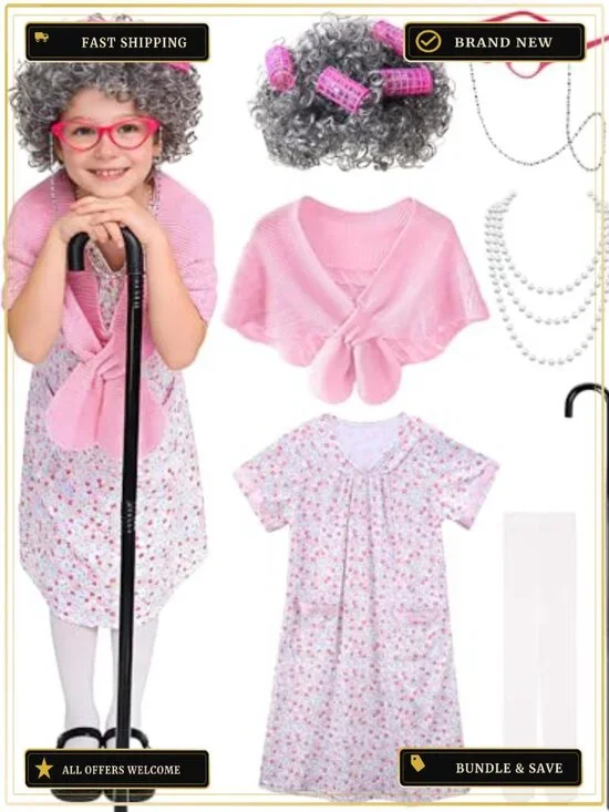Girls Old Lady Costume 8 Piece Grandma Dress Up Set 100 Days of School