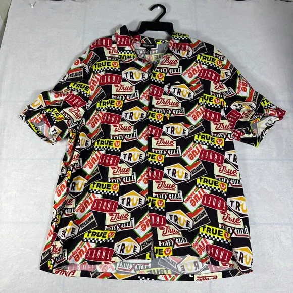 NWT True Religion Mens Button Up Camp Shirt Black All-Over Print Short Sleeve XL