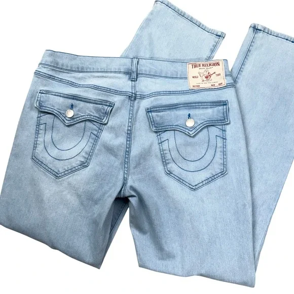 True Religion Ricky Jeans Mens 34 Blue Fade Relaxed Straight Flap Pocket Denim