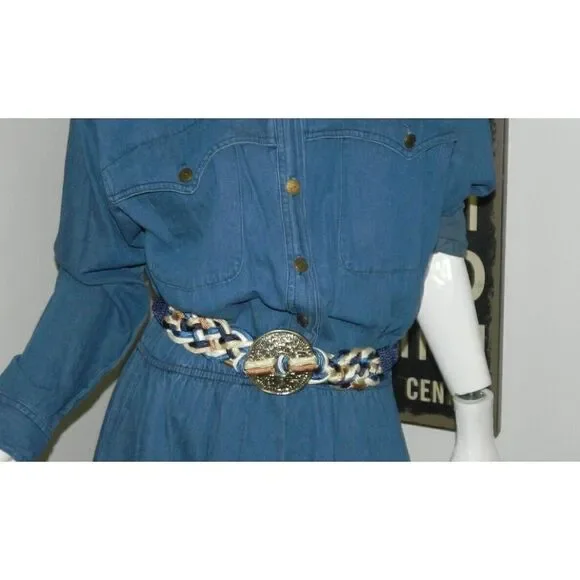 Vintage Belt Blue White Boho Braided Cord and‎ Silver Metal Medallion XS/S