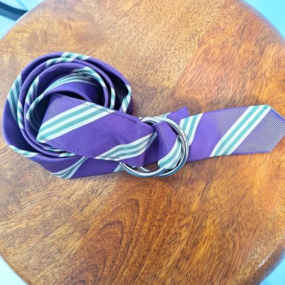 J. Crew Purple And Green Stripe Silk Tie Double D Ring Belt