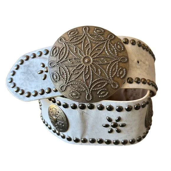 Vintage White Studded Wide Waist Belt Large Buckle Distressed M/L