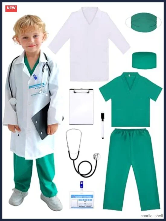 Kids Doctor Costume Set Pretend Play Lab Coat Scrubs Stethoscope