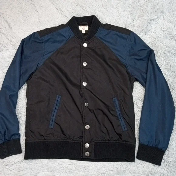 True Religion‎ Jacket Mens M Black Varsity Back To School Coat Pockets Snap Up