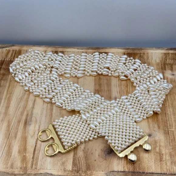 Vintage Faux Pearl Belt Cream Woven Elastic Gold Clasp 31 Inch Waist Statement