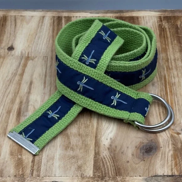 Dragonfly Canvas D-Ring Belt Green Navy Blue Embroidered Y2K Accessory 41