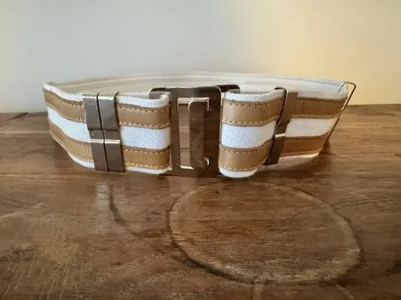 MONICA NEGREIROS Wide Belt White Canvas Tan Leather Silver Double Prong