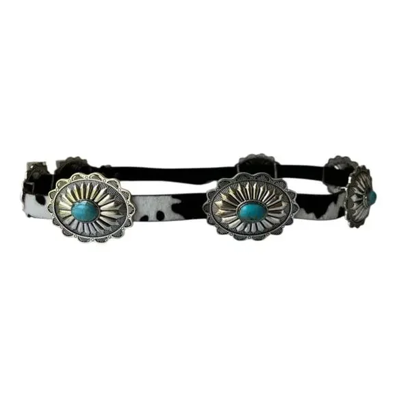 Haute Hippie Cow Print Silver and Turquoise Chain Concho Belt New