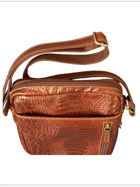 Jack Georges Genuine Leather Croc Embossed Messenger Crossbody/Sling Bag Brown