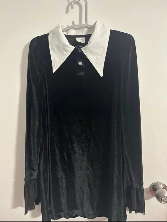 Zara Wednesday Black Velvet Dress with White Pointed Collar
