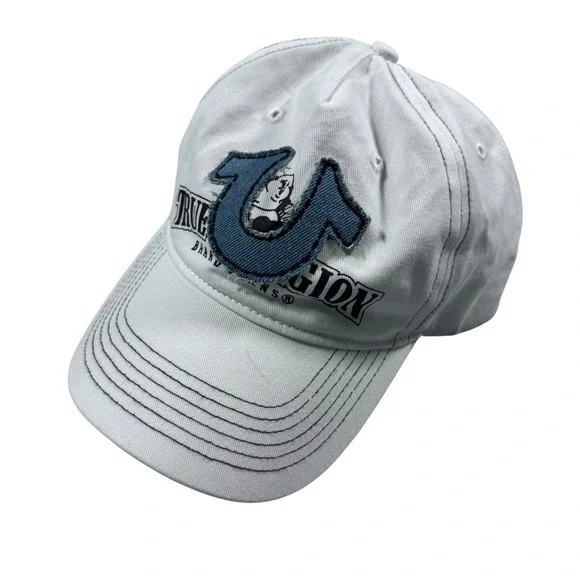 True Religion Buddha Horseshoe Cap Mens OS White Denim Patch Contrast Stitch